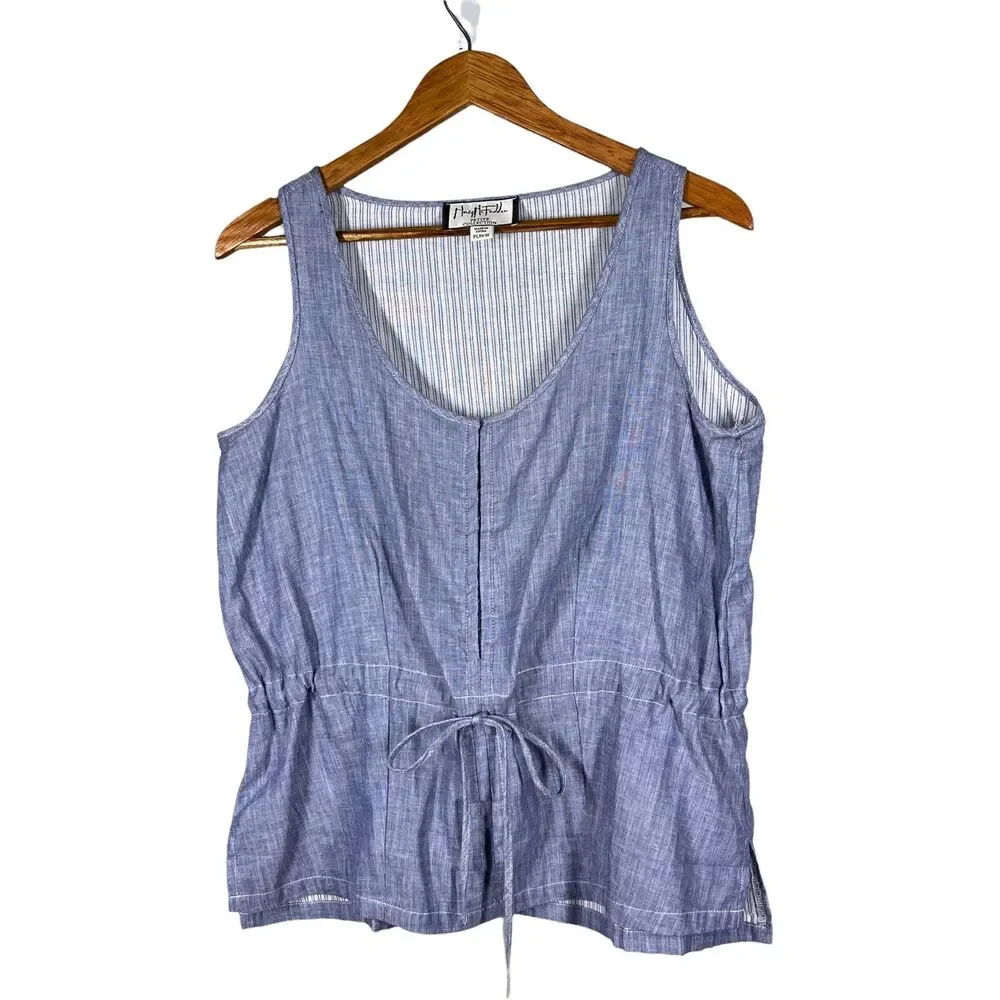 Mary McFadden Petite Womens Sz PL Blue Poplin Sleeveless Top Drawstring Waist